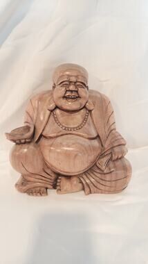 Hand Carved Wooden Laughing Buddha Budai Hotei Figurine Statue Shellac Finish...